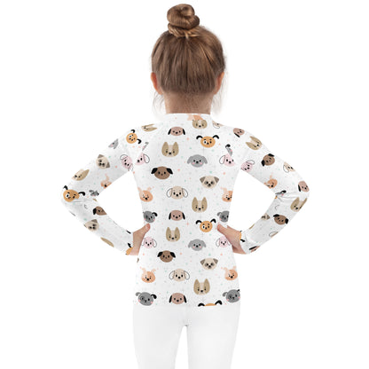 Kids Dog Face Long Sleeve Rash Guard Swim Shirt With UPF 50+