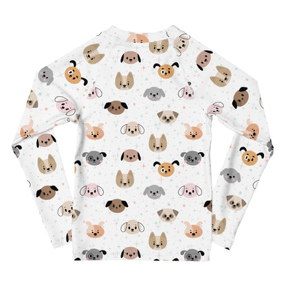 Kids Dog Face Long Sleeve Rash Guard Swim Shirt With UPF 50+