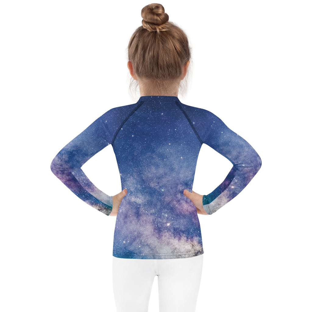 Girls realistic galaxy long sleeve rash guard swim shirt with vibrant blue and purple sun protective fabric upf 50+