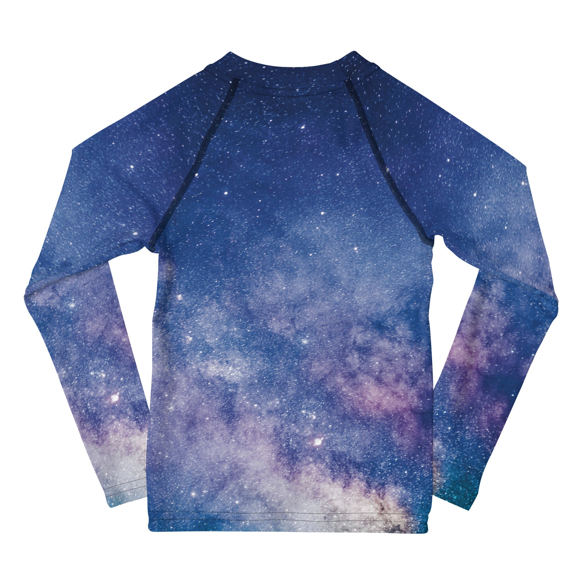 Girls long sleeve rash guard with vibrant galaxy print in deep blue purple and white featuring upf 50 plus sun protection