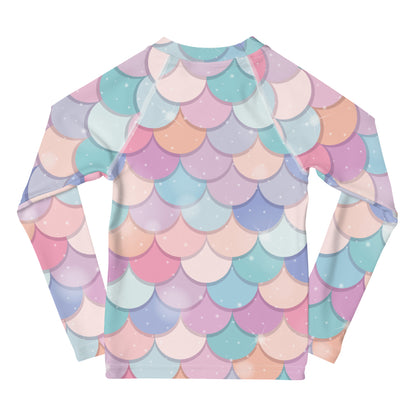 Girls Rainbow Mermaid Scales Long Sleeve Rash Guard Swim Shirt With UPF 50+