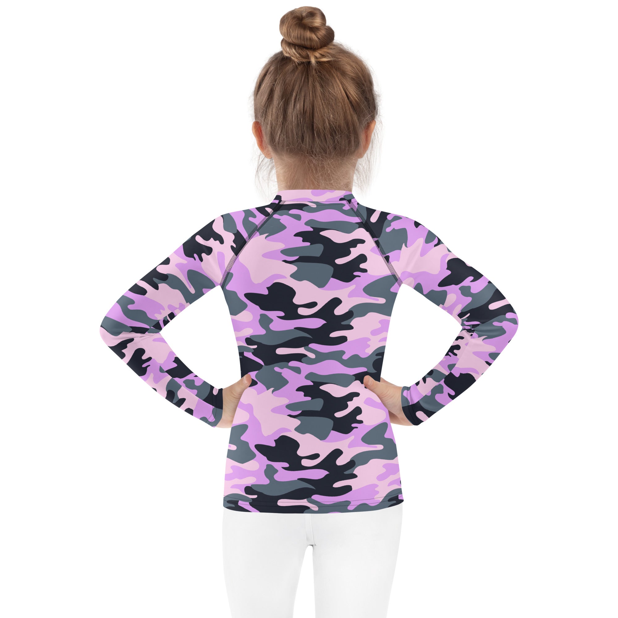 Girls purple camouflage long sleeve rash guard swim shirt with upf 50 plus featuring vibrant pink and black pattern
