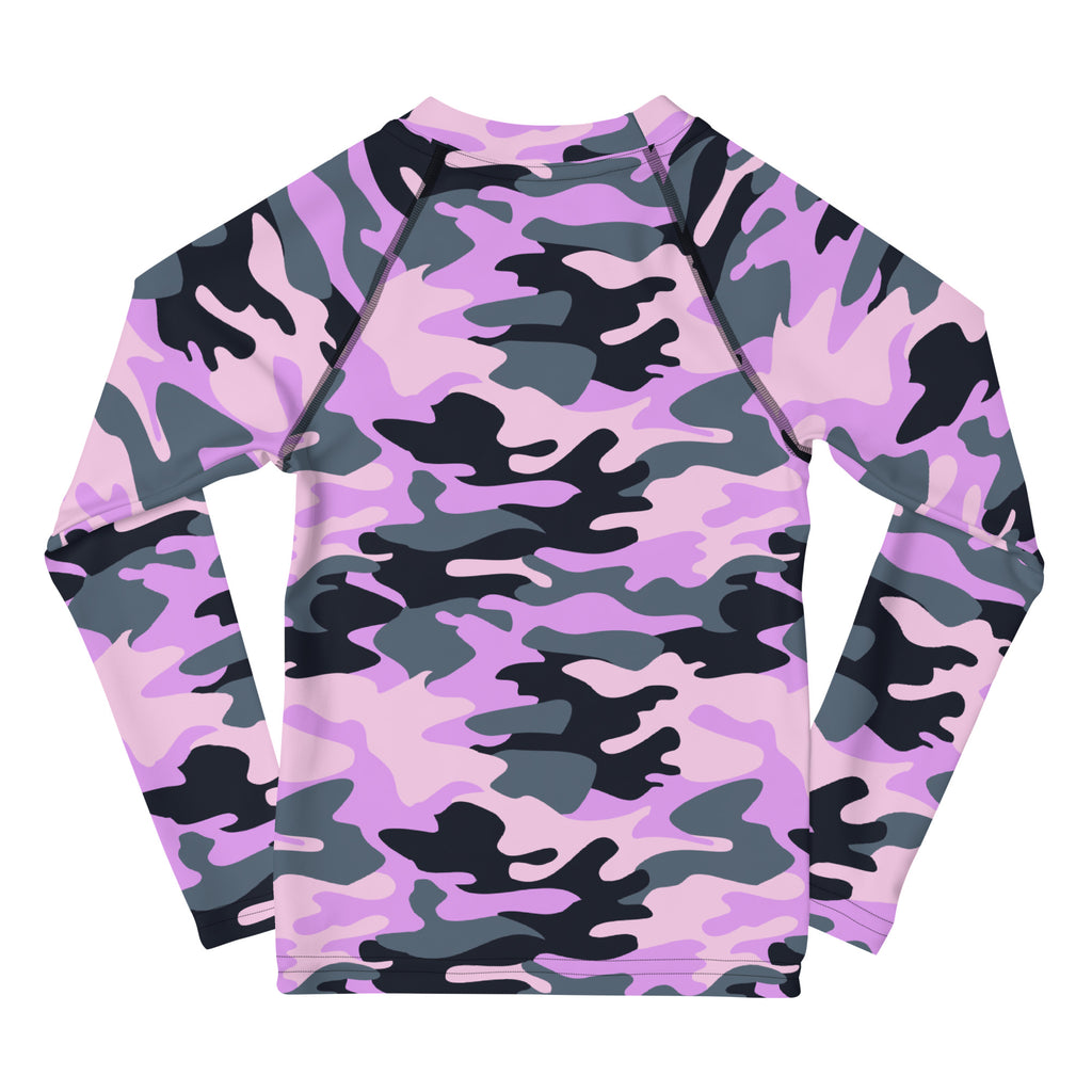 Girls purple camouflage long sleeve rash guard swim shirt with vibrant pink black and gray pattern and UPF 50+ protection