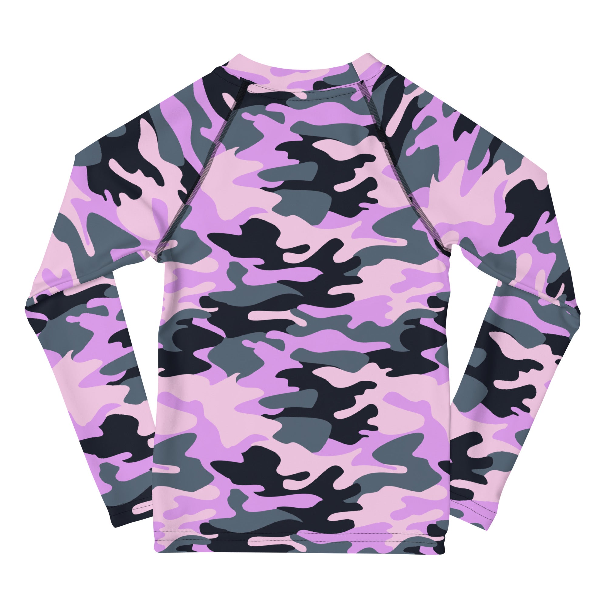 Girls purple camouflage long sleeve rash guard swim shirt with vibrant pink black and gray pattern and UPF 50+ protection
