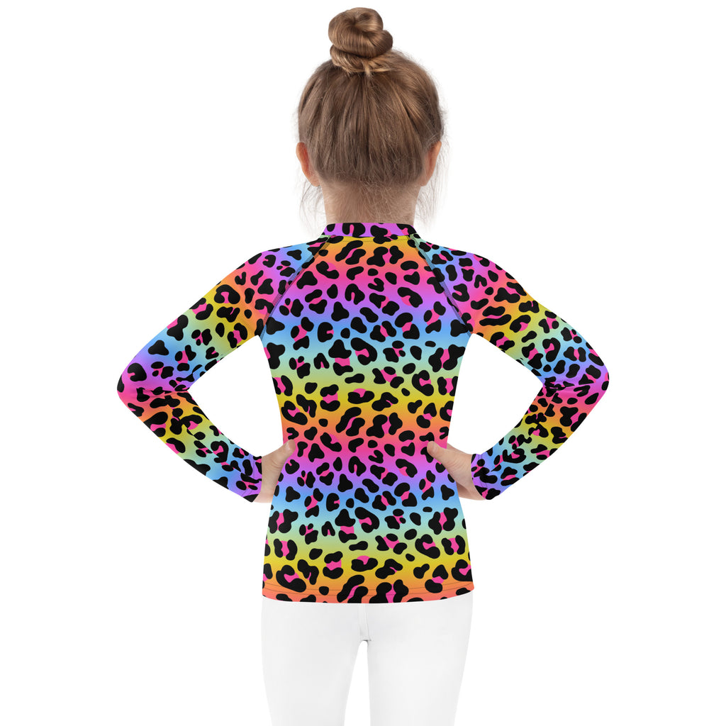 Girls Rainbow Cheetah Long Sleeve Rash Guard Swim Shirt - UPF 50+