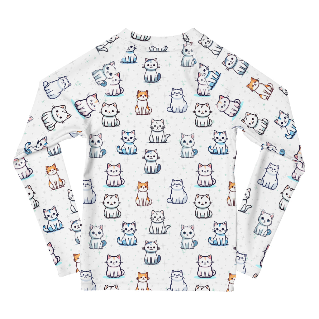 Girls Cat Pattern Long Sleeve Rash Guard Swim Shirt With UPF 50+