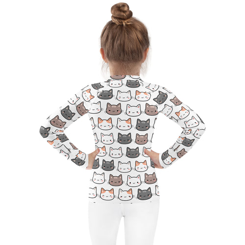 White long-sleeved girls cat rash guard swim shirt with upf 50 plus featuring colorful cartoon cat pattern