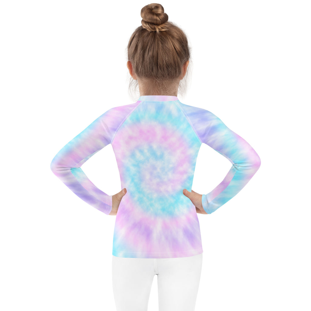 Girls tie dye custom age it’s my birthday rash guard swim shirt with pastel pink blue and purple long sleeves