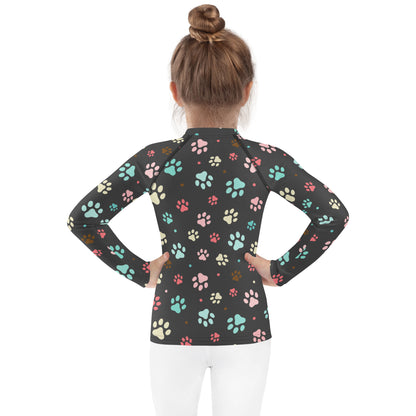 Kids Paw Print Long Sleeve Rash Guard Swim Shirt With UPF 50+