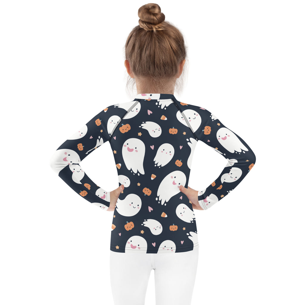 Kids ghost halloween rash guard navy blue long-sleeve with white ghosts orange pumpkins and pink hearts pattern