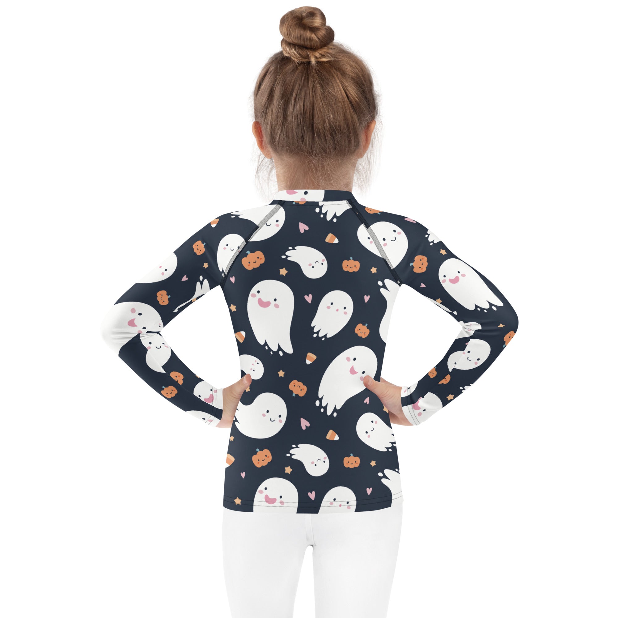 Kids ghost halloween rash guard navy blue long-sleeve with white ghosts orange pumpkins and pink hearts pattern