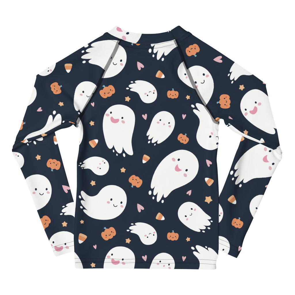 Kids ghost Halloween rash guard in navy blue with white ghosts orange pumpkins and candy corn pattern on long sleeves