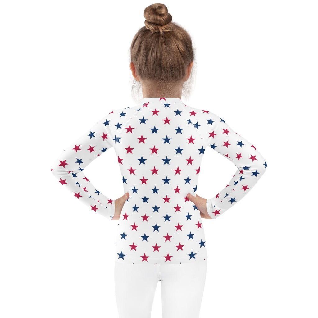 White long-sleeved rash guard swim shirt with red and blue stars usa themed design and upf 50 plus protection
