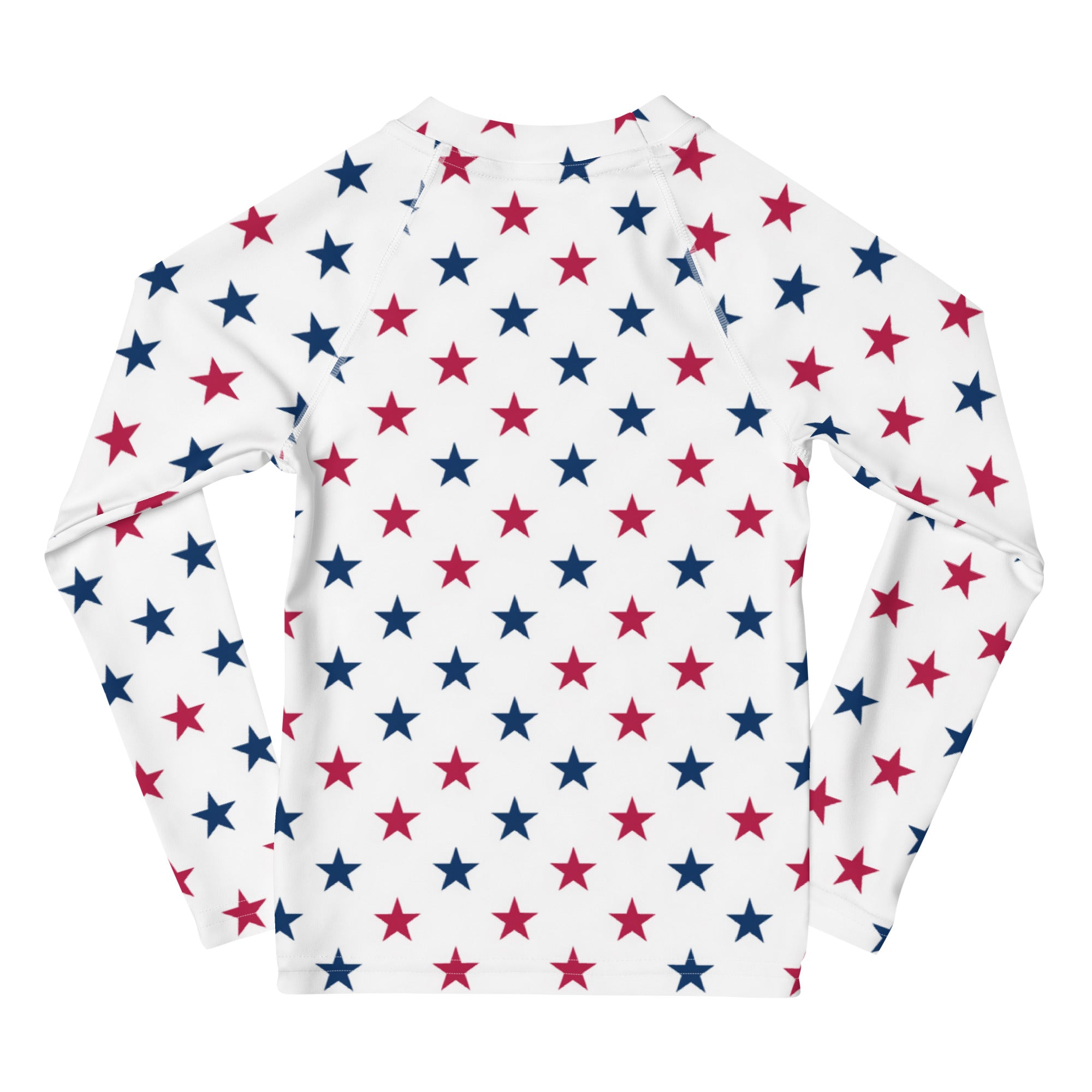 Kids red and blue stars usa themed long sleeve rash guard swim shirt with upf 50 plus featuring star pattern