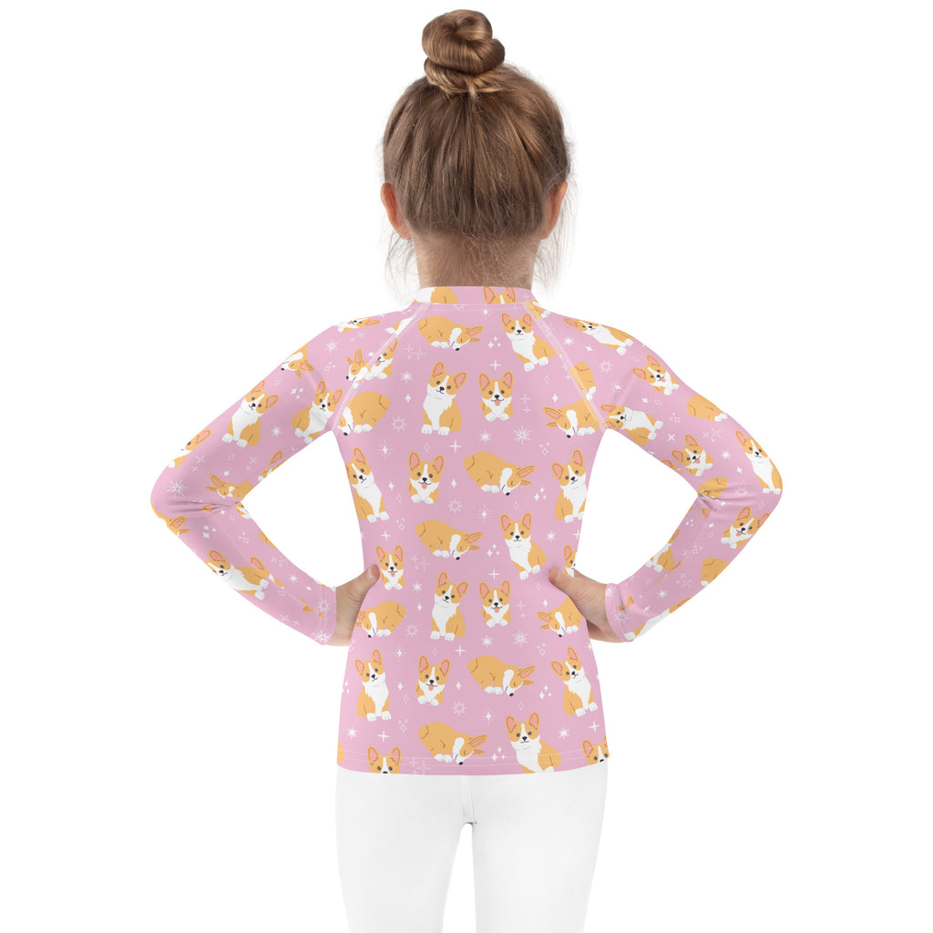 Girls Pink Corgi Long Sleeve Rash Guard Swim Shirt With UPF 50+