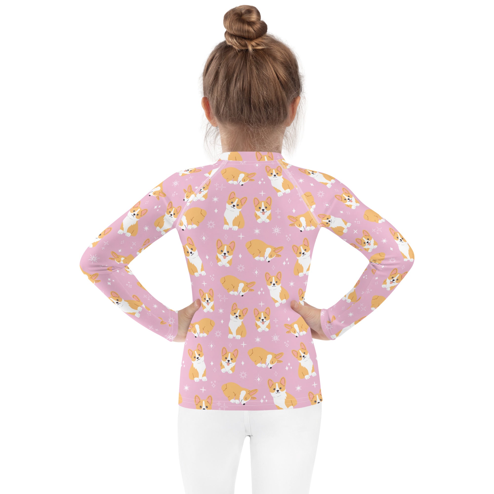 Girls Pink Corgi Long Sleeve Rash Guard Swim Shirt With UPF 50+
