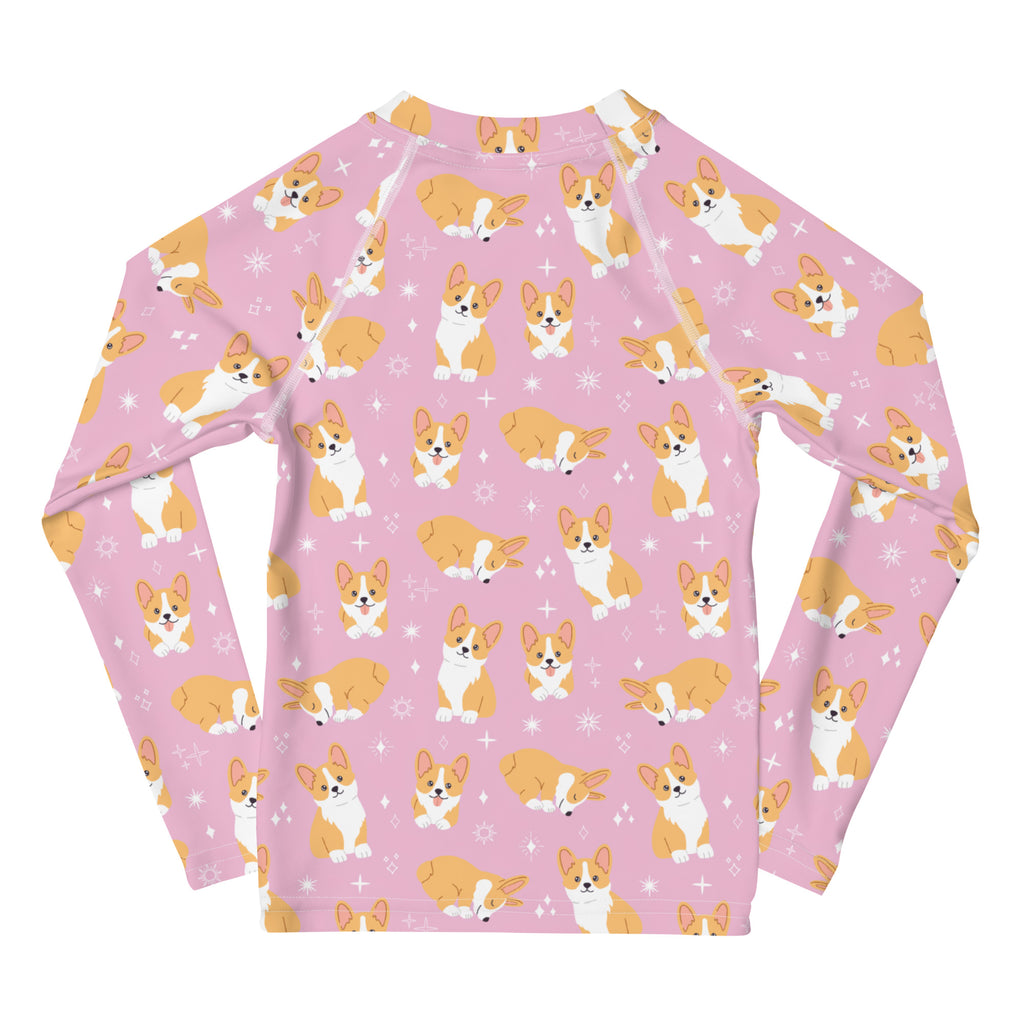Girls Pink Corgi Long Sleeve Rash Guard Swim Shirt With UPF 50+