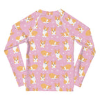 Girls Pink Corgi Long Sleeve Rash Guard Swim Shirt With UPF 50+
