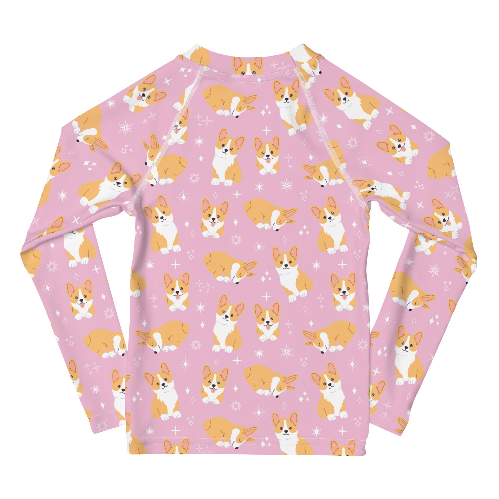Girls Pink Corgi Long Sleeve Rash Guard Swim Shirt With UPF 50+