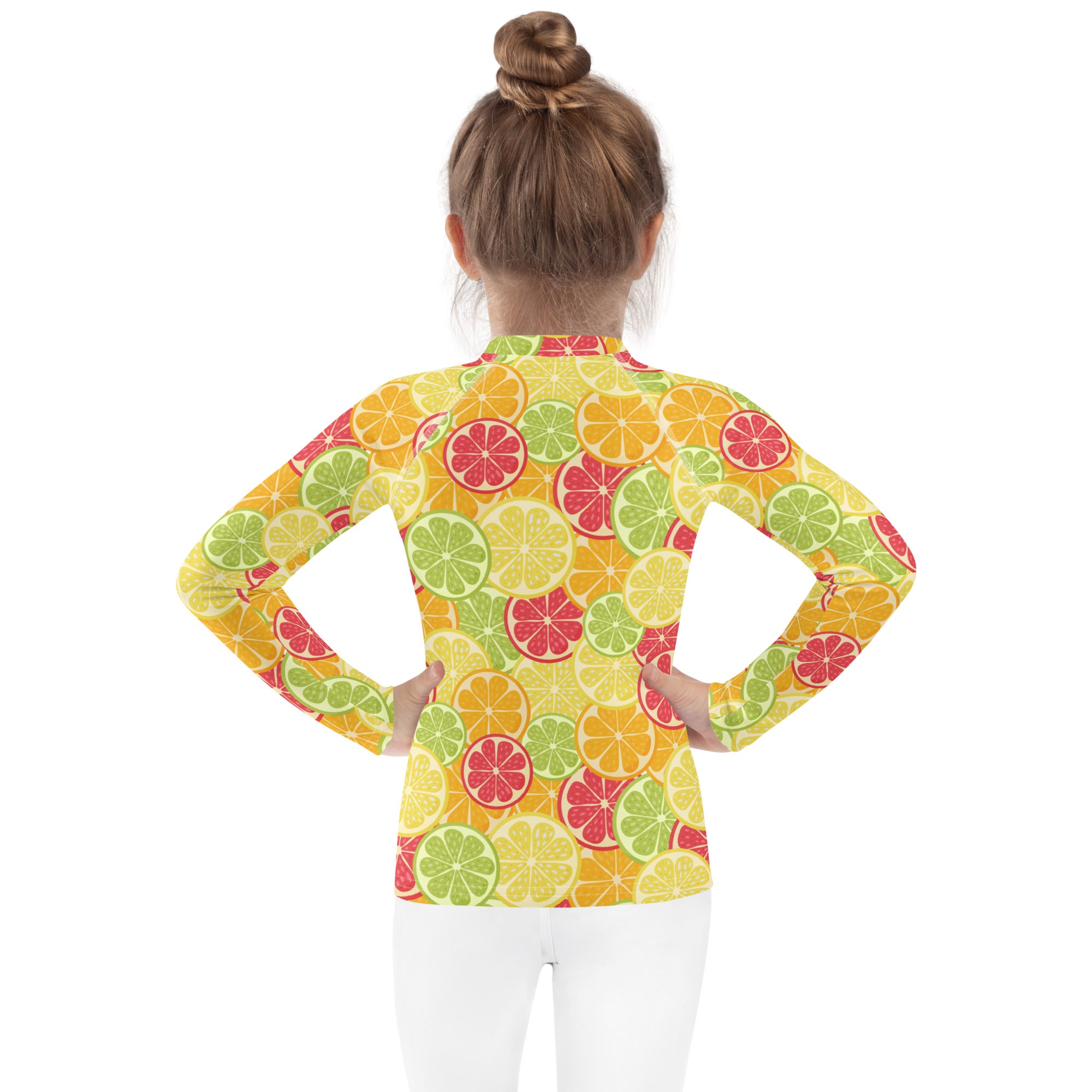Kids citrus fruit long sleeve rash guard swim shirt with upf 50 plus featuring bright sliced citrus fruit pattern