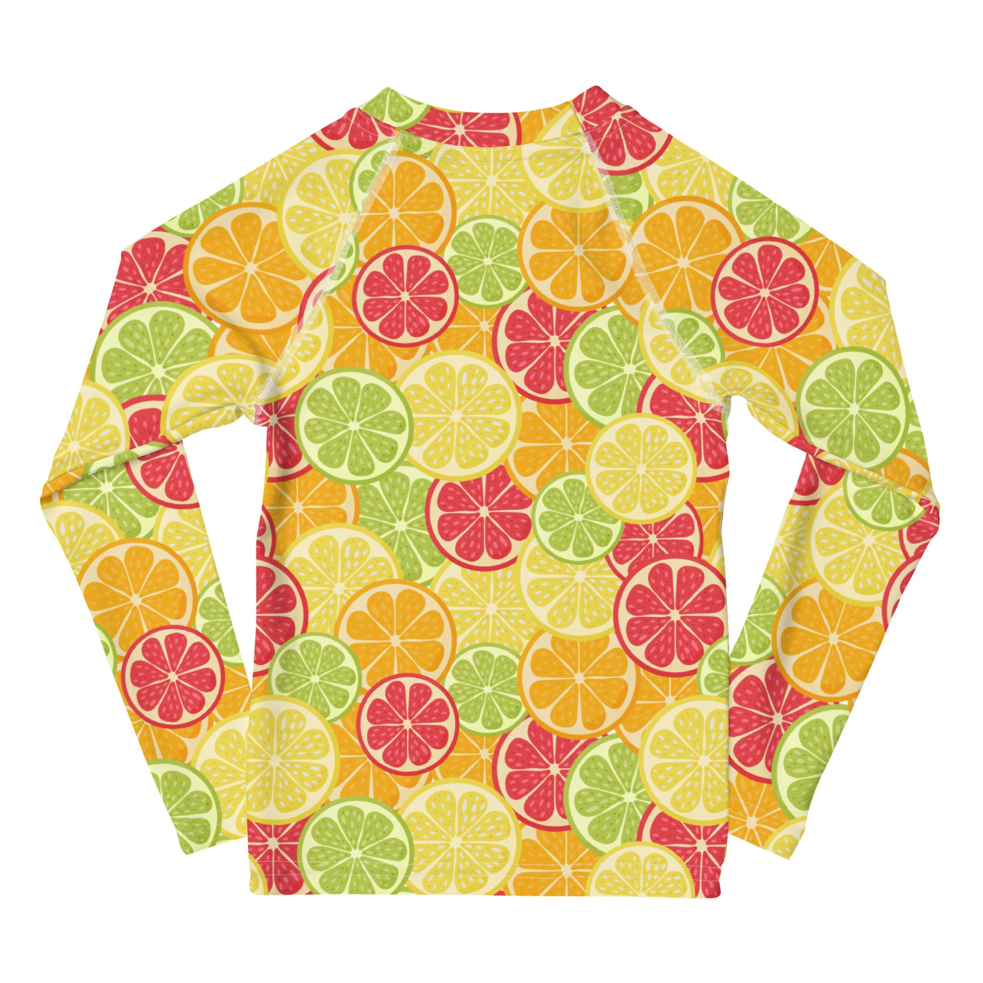 Kids citrus fruit long sleeve rash guard swim shirt with vibrant yellow green and red citrus pattern and UPF 50 plus protection