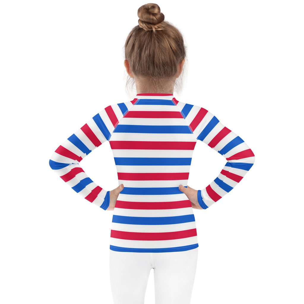 Kids Red, White & Blue USA Striped Long Sleeve Rash Guard Swim Shirt With UPF 50+