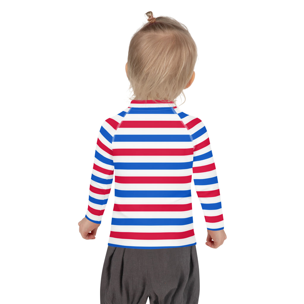 Kids Red, White & Blue USA Striped Long Sleeve Rash Guard Swim Shirt With UPF 50+