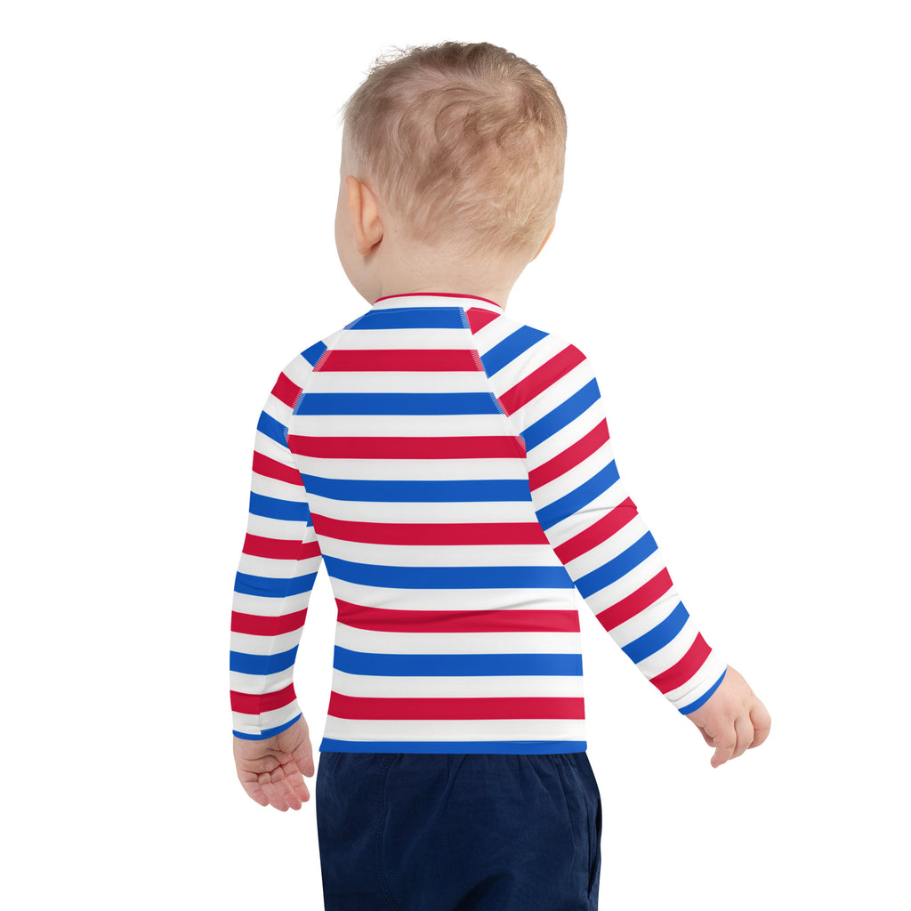 Kids Red, White & Blue USA Striped Long Sleeve Rash Guard Swim Shirt With UPF 50+