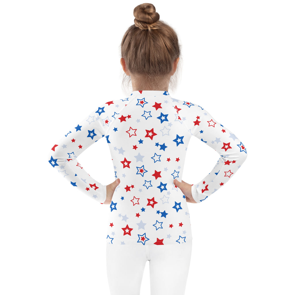 Kids red white and blue stars usa long sleeve rash guard swim shirt with UPF 50 plus in white with star pattern