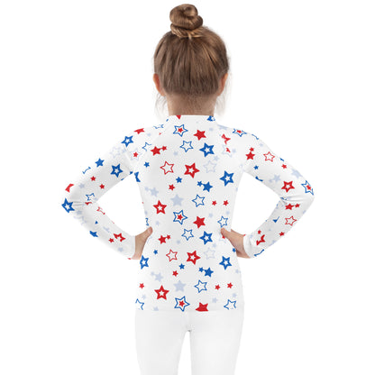 Kids Red, White & Blue Stars USA Long Sleeve Rash Guard Swim Shirt With UPF 50+
