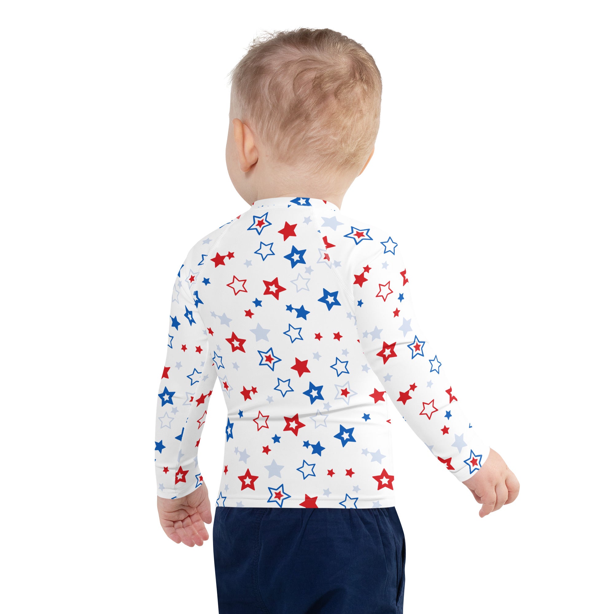 White long-sleeve baby rash guard swim shirt with red blue and silver stars and upf 50 plus sun protection