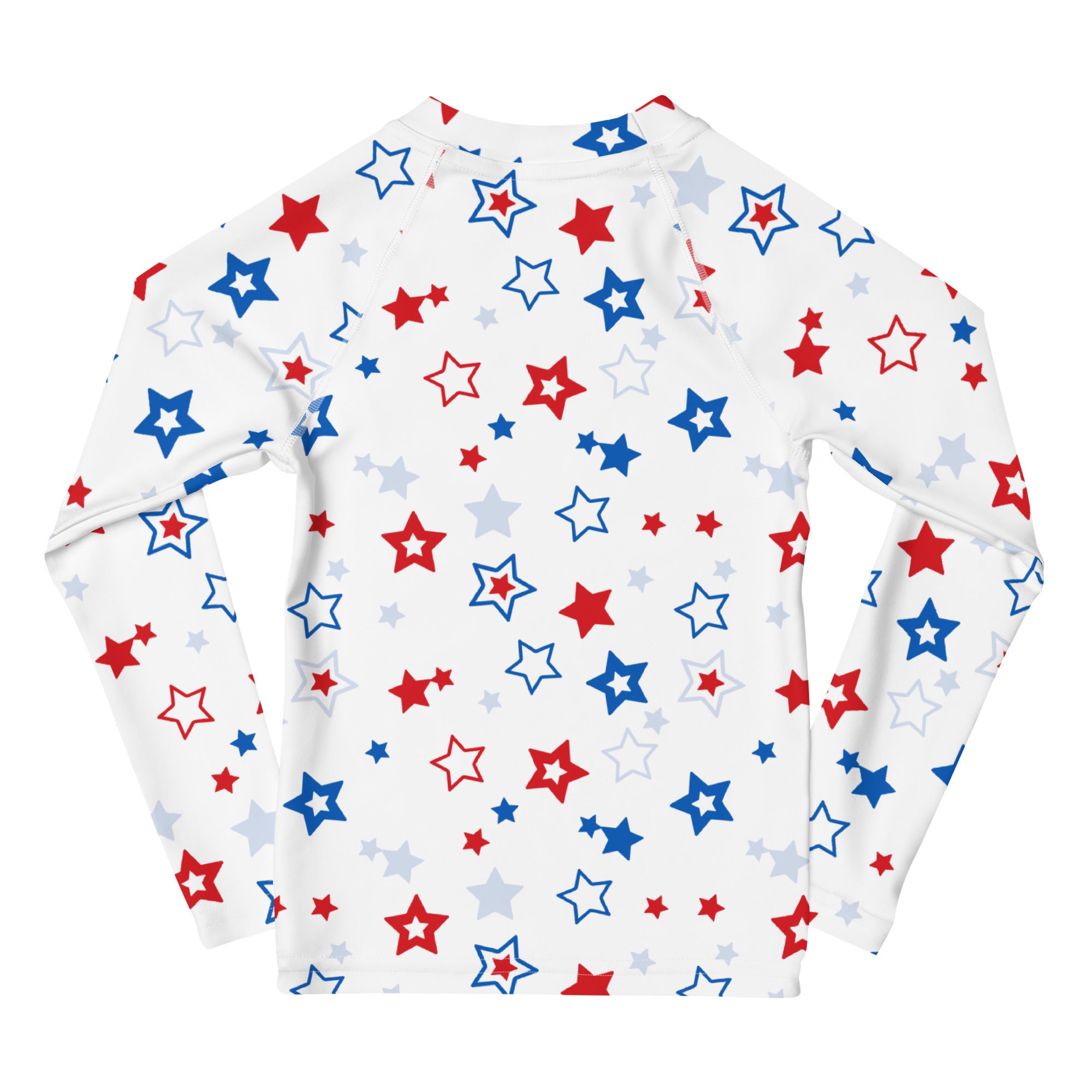 White long sleeve rash guard with red blue and gray stars designed for kids with upf 50 sun protection