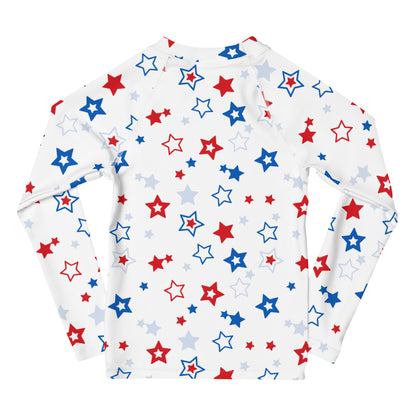 Kids Red, White & Blue Stars USA Long Sleeve Rash Guard Swim Shirt With UPF 50+