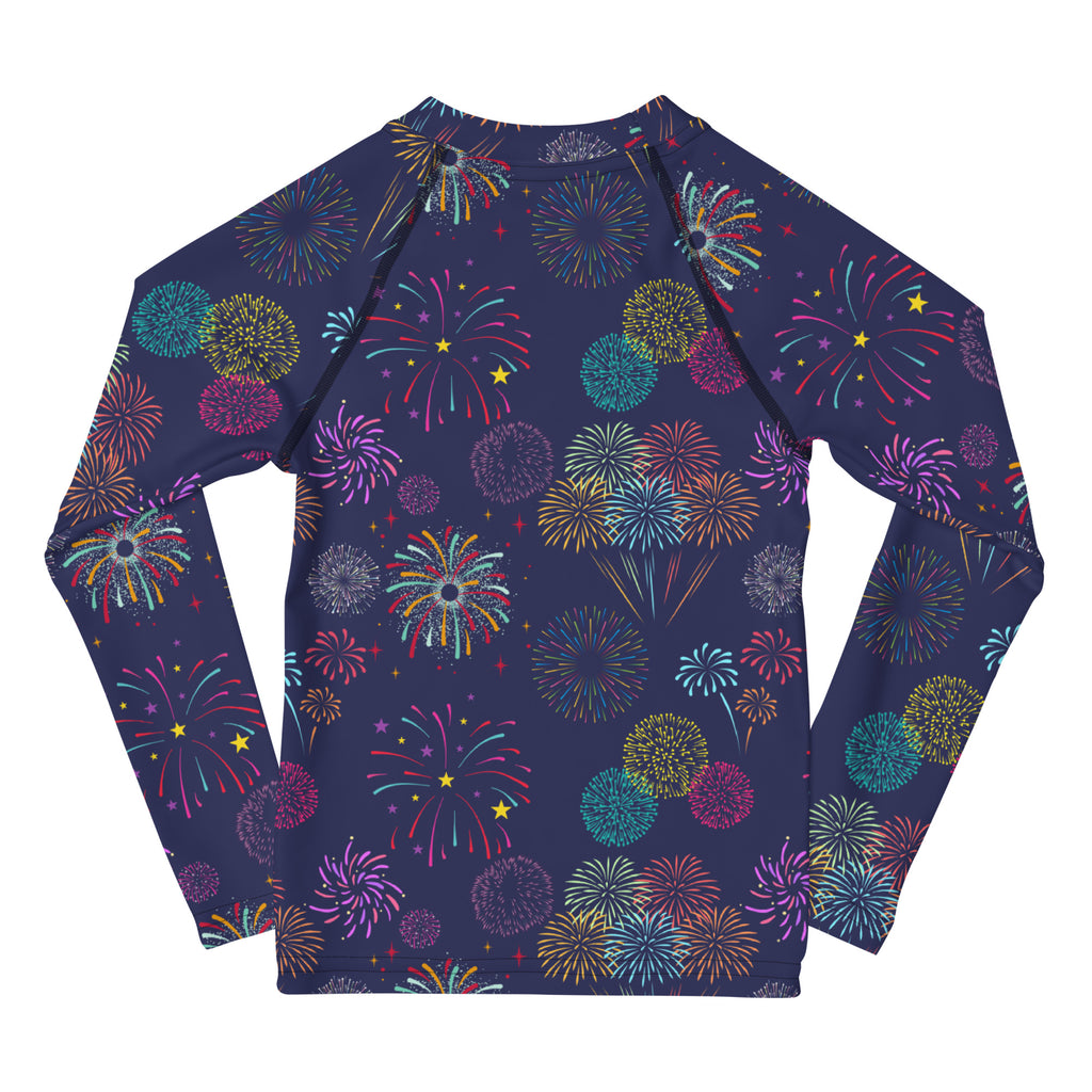 Navy blue kids long sleeve rash guard swim shirt with vibrant multicolored fireworks pattern and UPF 50 plus protection