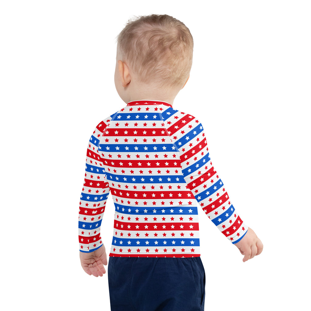 Kids red white and blue stars and stripes usa long sleeve rash guard swim shirt with upf 50 plus protection