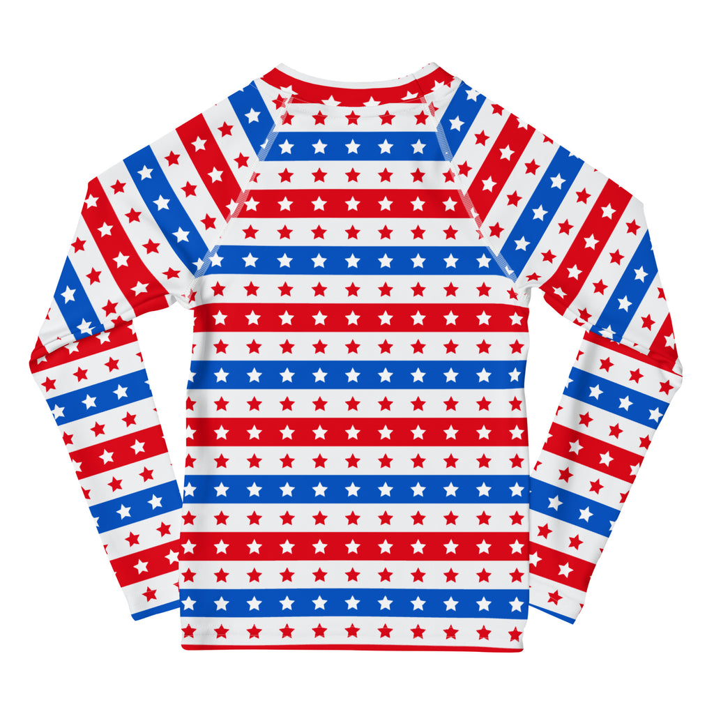 Kids red white and blue stars and stripes long sleeve rash guard swim shirt with UPF 50 plus for sun protection