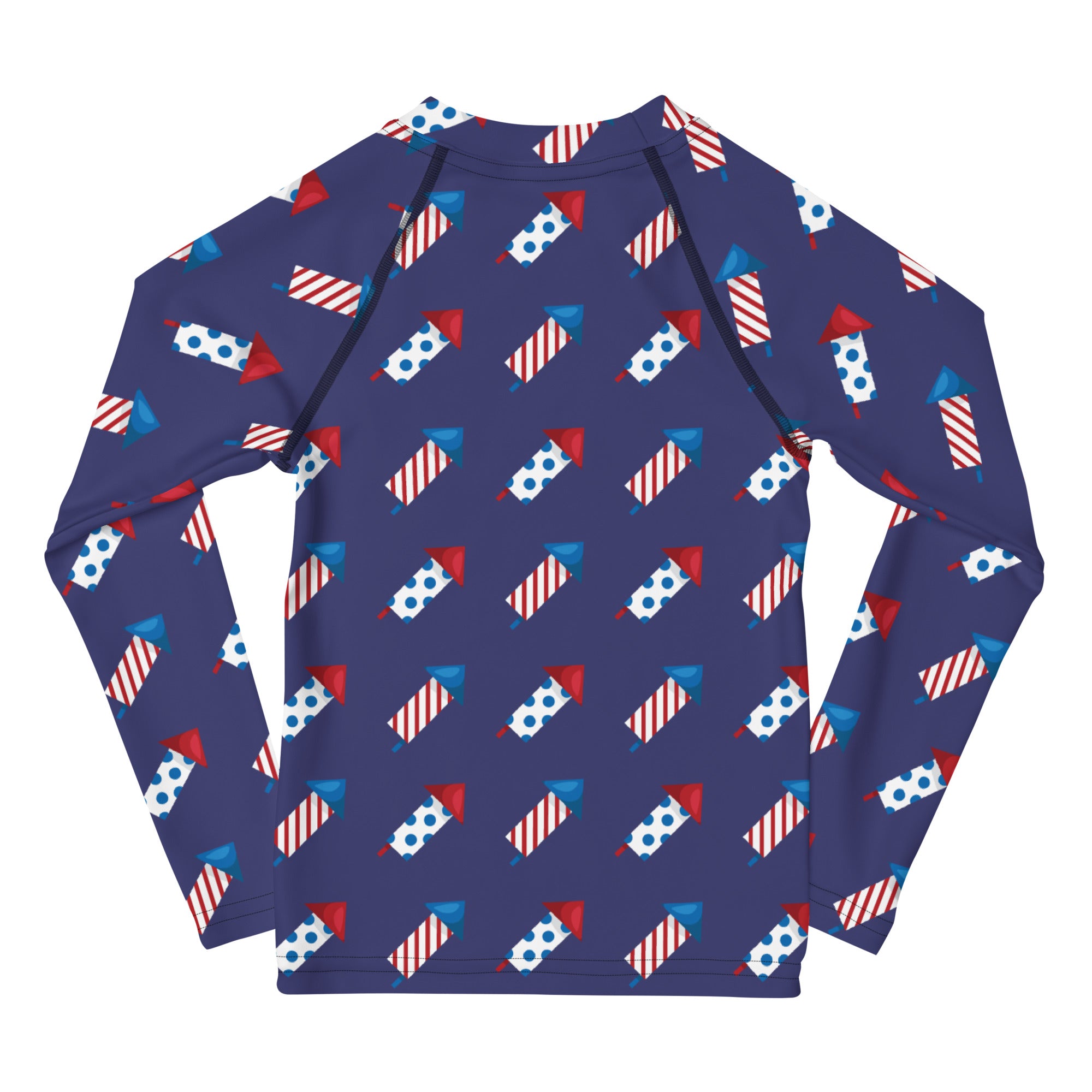 Navy blue kids long sleeve rash guard with red white and blue fireworks pattern and upf 50 plus sun protection