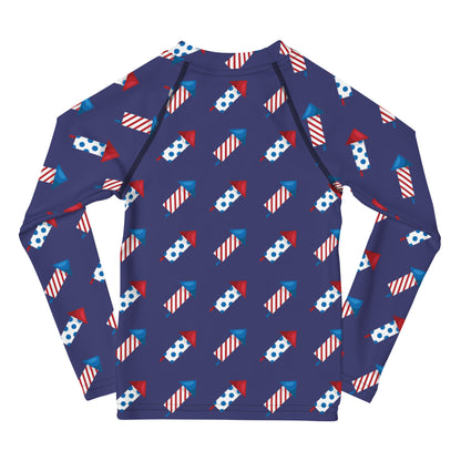 Kids Firework Rockets Long Sleeve Rash Guard Swim Shirt With UPF 50+