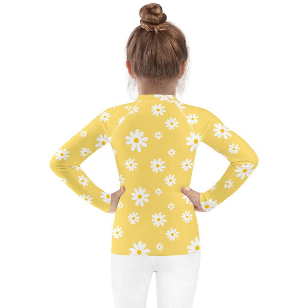 Girls Yellow Daisy Long Sleeve Rash Guard Swim Shirt With UPF 50+