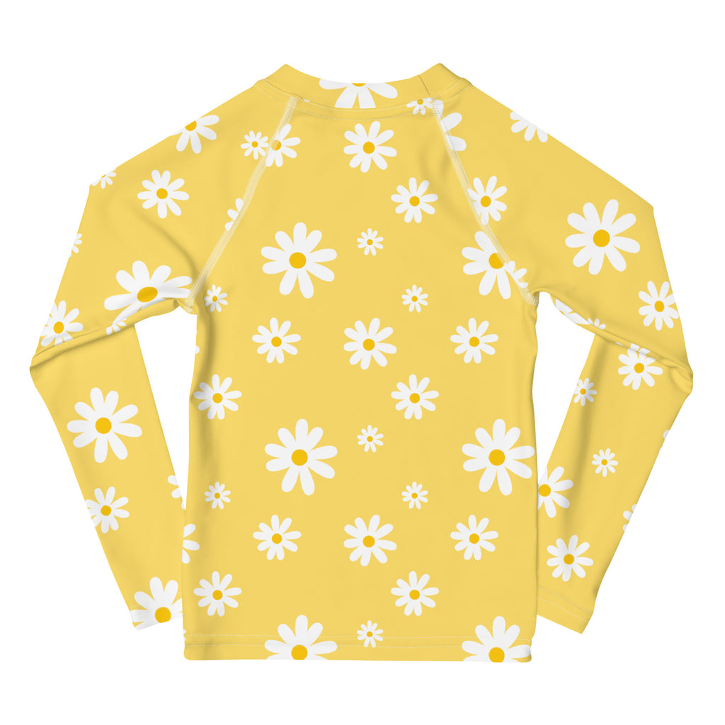 Girls Yellow Daisy Long Sleeve Rash Guard Swim Shirt With UPF 50+
