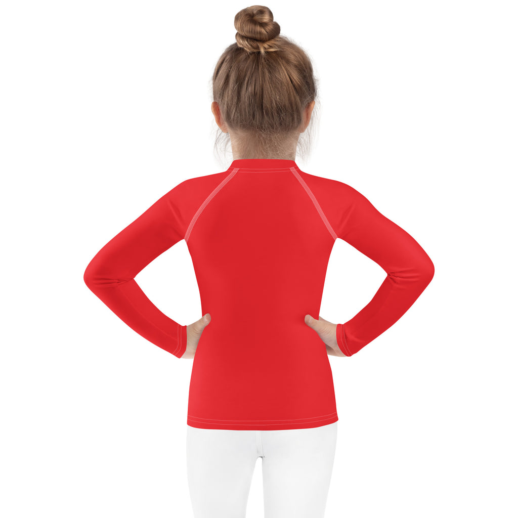 Kids red long sleeve rash guard swim shirt with UPF 50+ featuring subtle gray seam detailing for sun protection