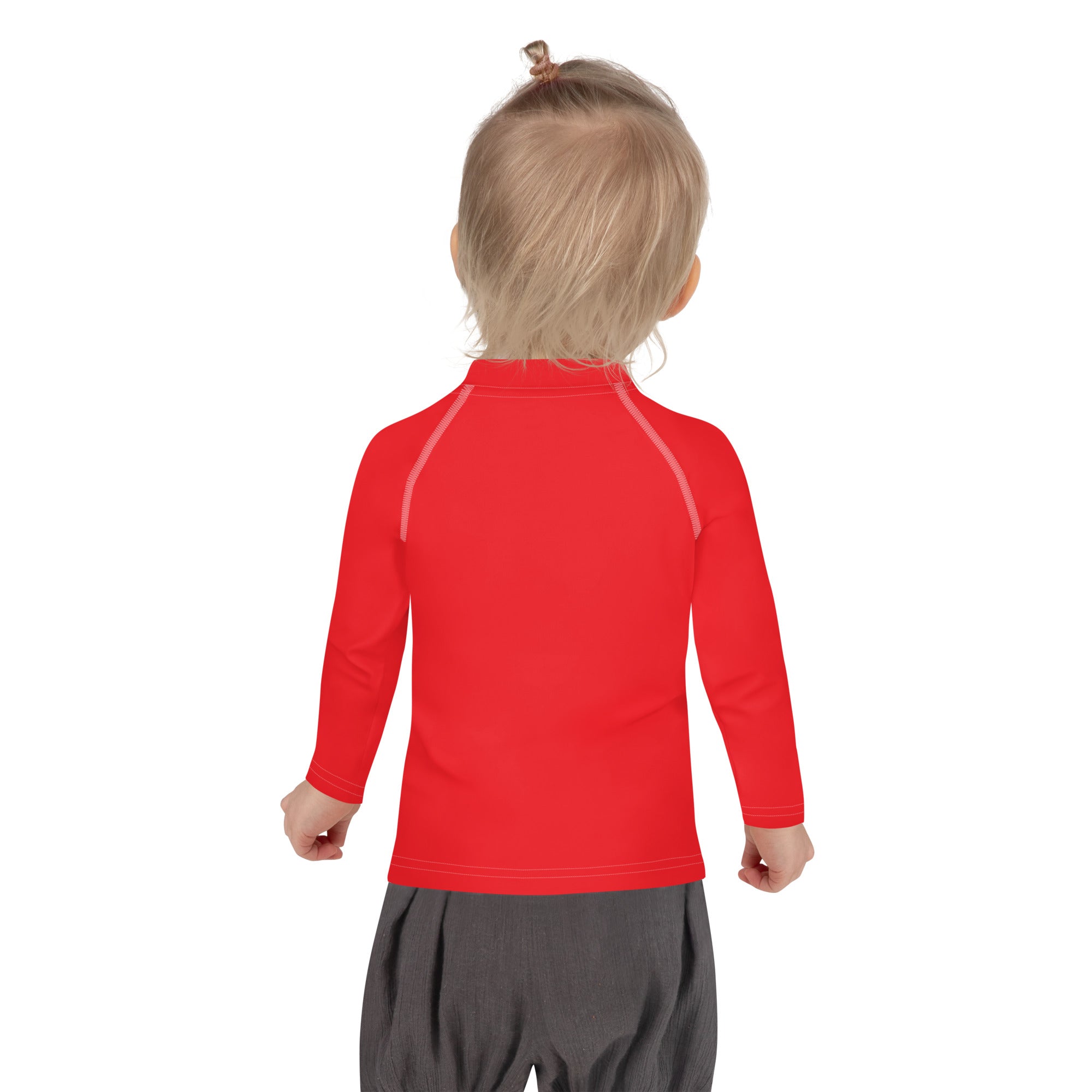 Kids red long sleeve rash guard swim shirt with subtle gray seams and UPF 50 plus for sun protection