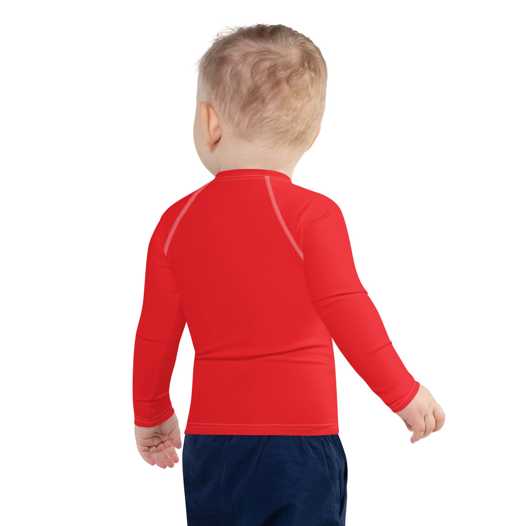 Kids red long sleeve rash guard swim shirt with white stitching and UPF 50 plus for sun protection