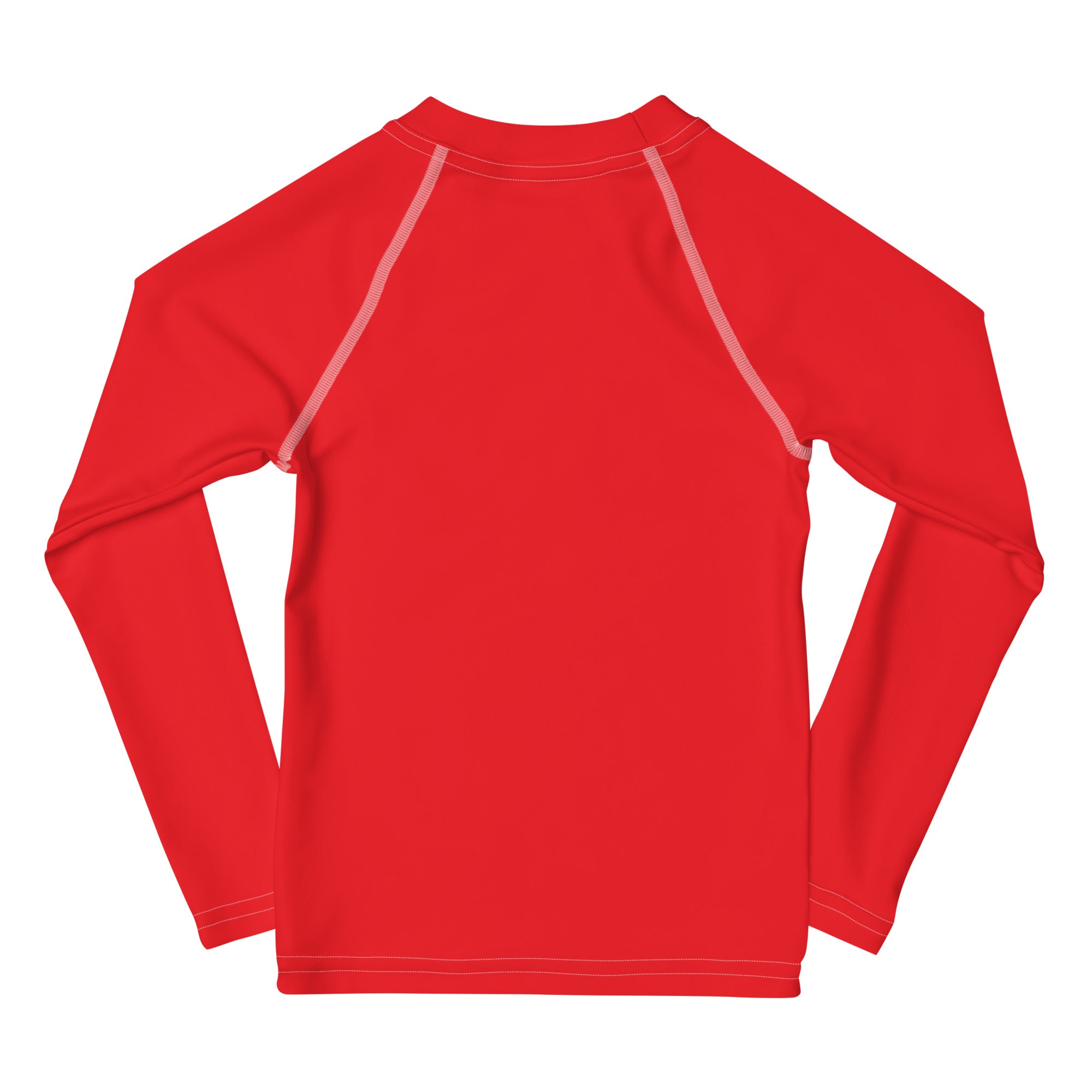 Kids red long sleeve rash guard swim shirt with light gray seam detailing and UPF 50 plus for sun protection