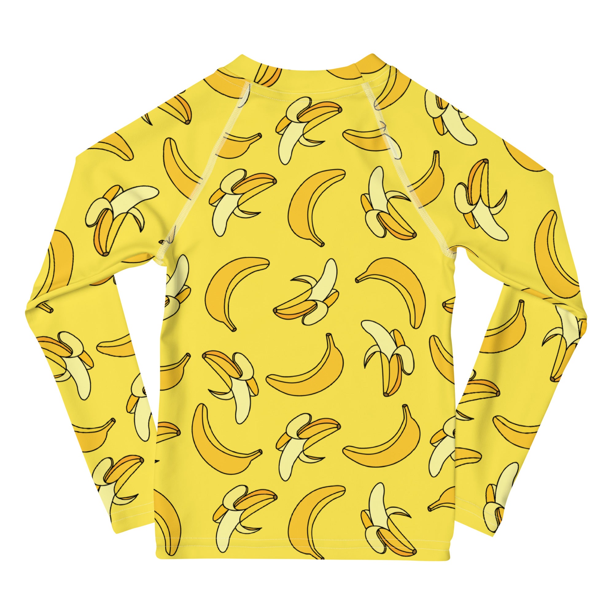 Yellow kids long sleeve rash guard swim shirt with playful cartoon banana pattern and UPF 50 plus sun protection