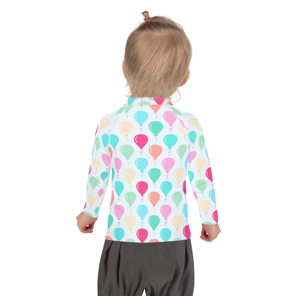 Kids birthday balloons long sleeve rash guard swim shirt with upf 50 plus featuring pastel balloon pattern on white