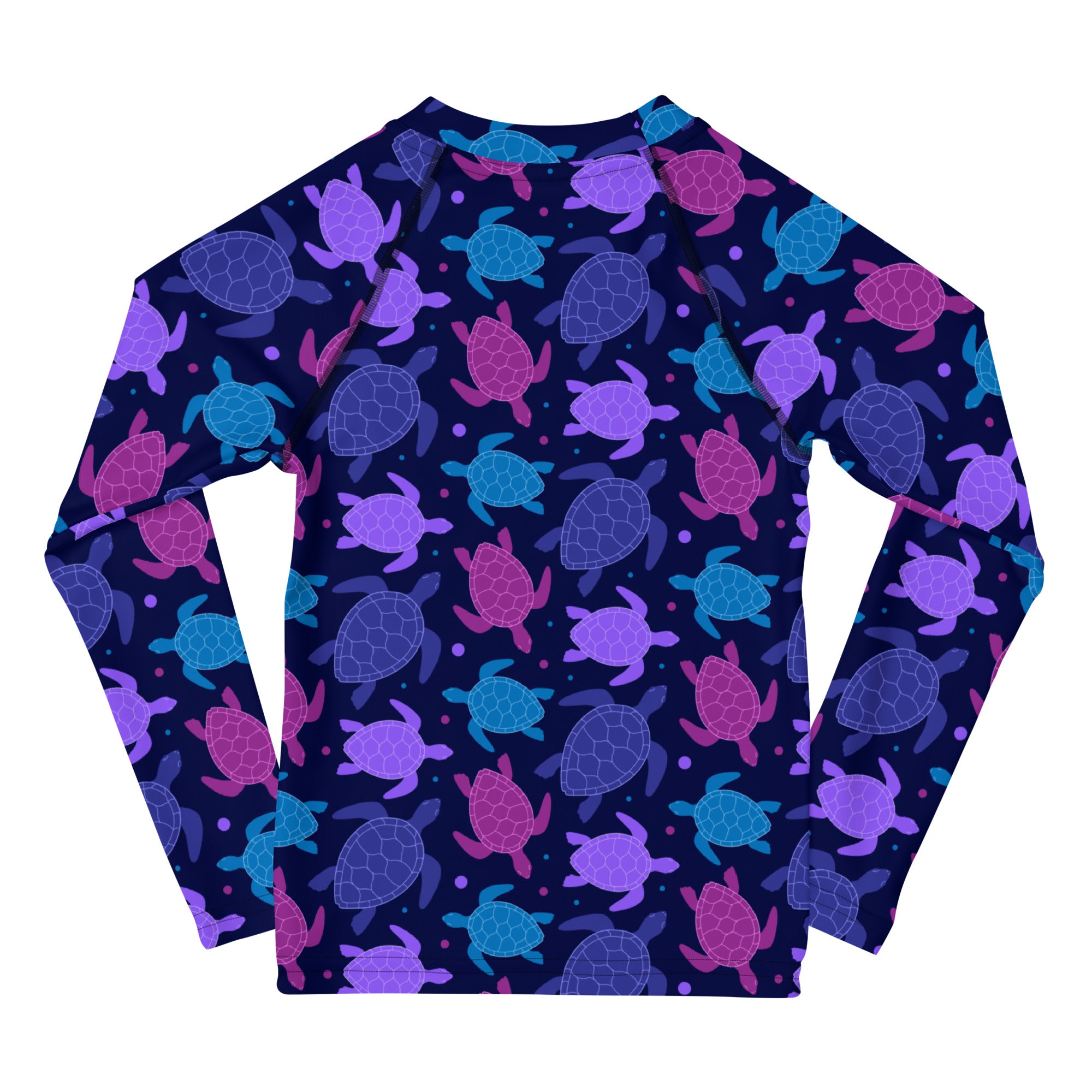 Girls purple sea turtle long sleeve rash guard swim shirt with vibrant sea turtle pattern and UPF 50 plus protection