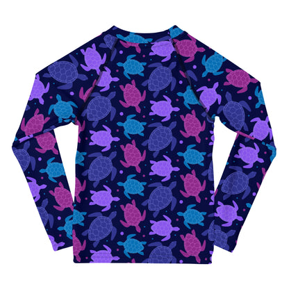 Girls Purple Sea Turtles Long Sleeve Rash Guard Swim Shirt With UPF 50+
