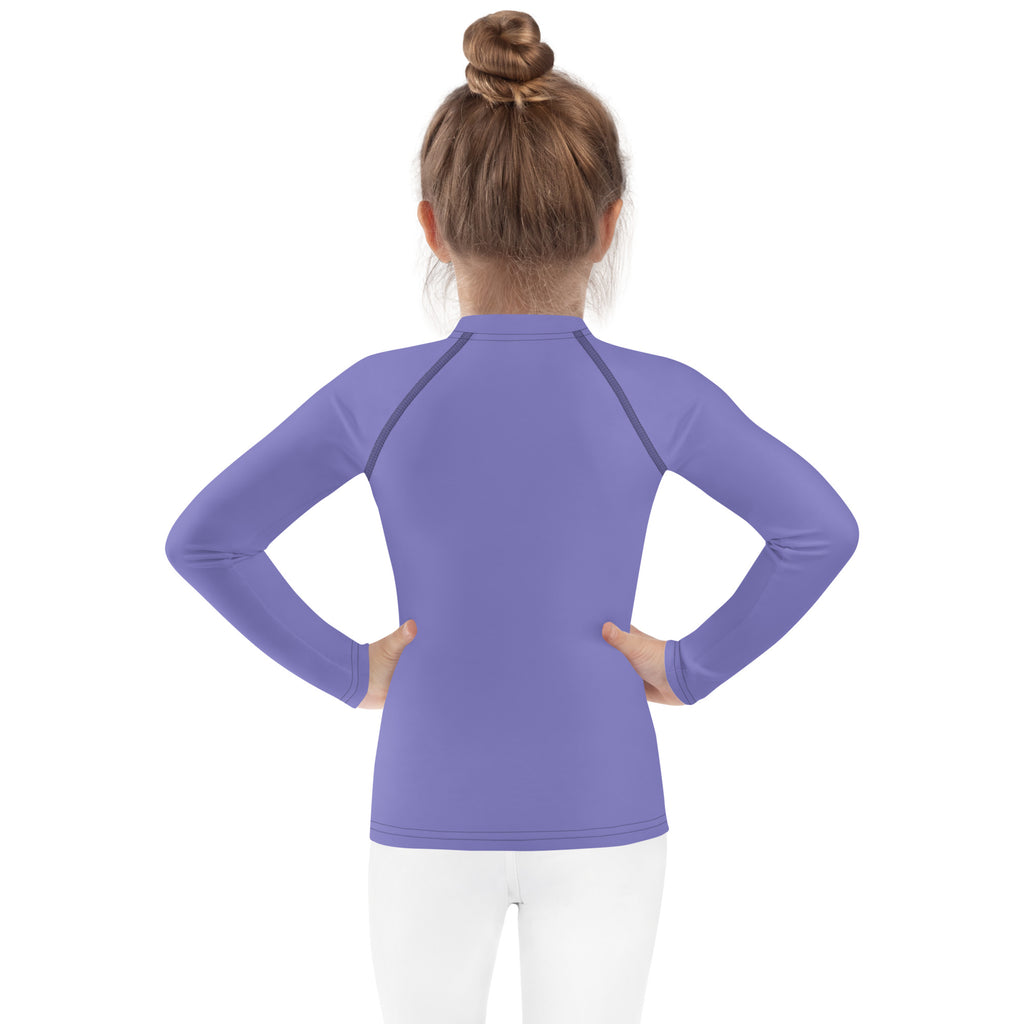 Girls purple long sleeve rash guard swim shirt with raglan sleeves high collar and upf 50 plus sun protection