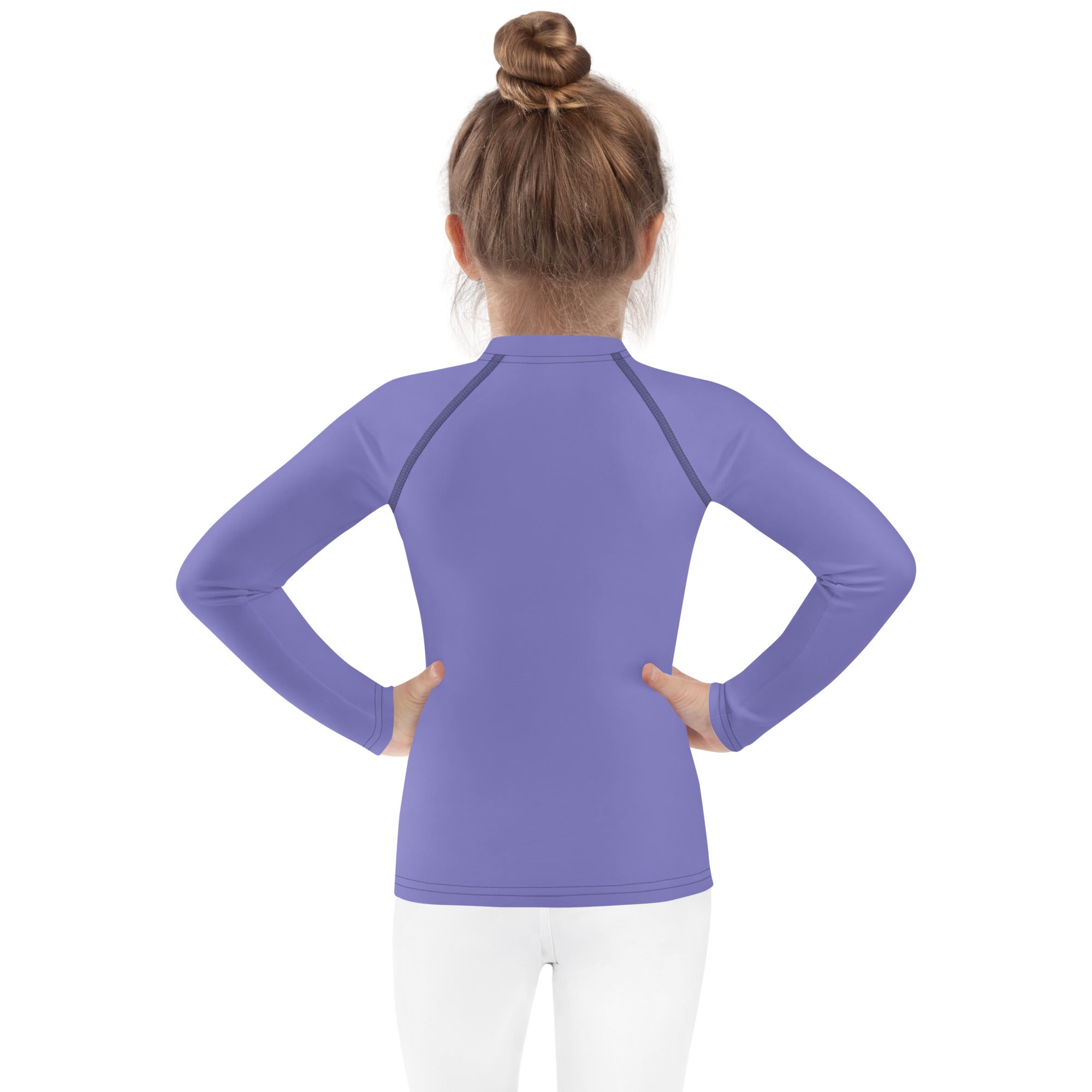 Girls purple long sleeve rash guard swim shirt with raglan sleeves high collar and upf 50 plus sun protection